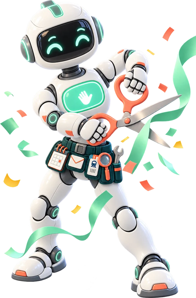 Der Roboter schneidet mit einer großen Schere ein Band