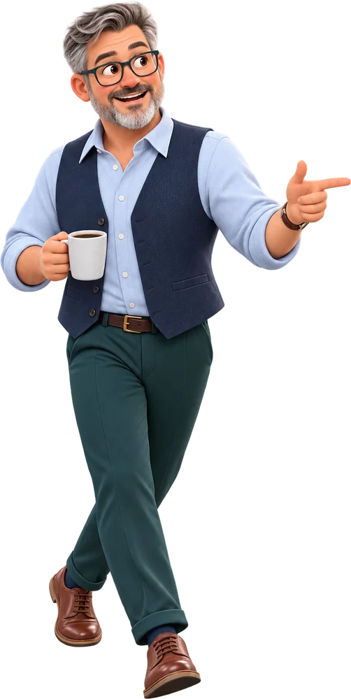 Herr Brandt, Geschäftsführer, mit Kaffeetasse