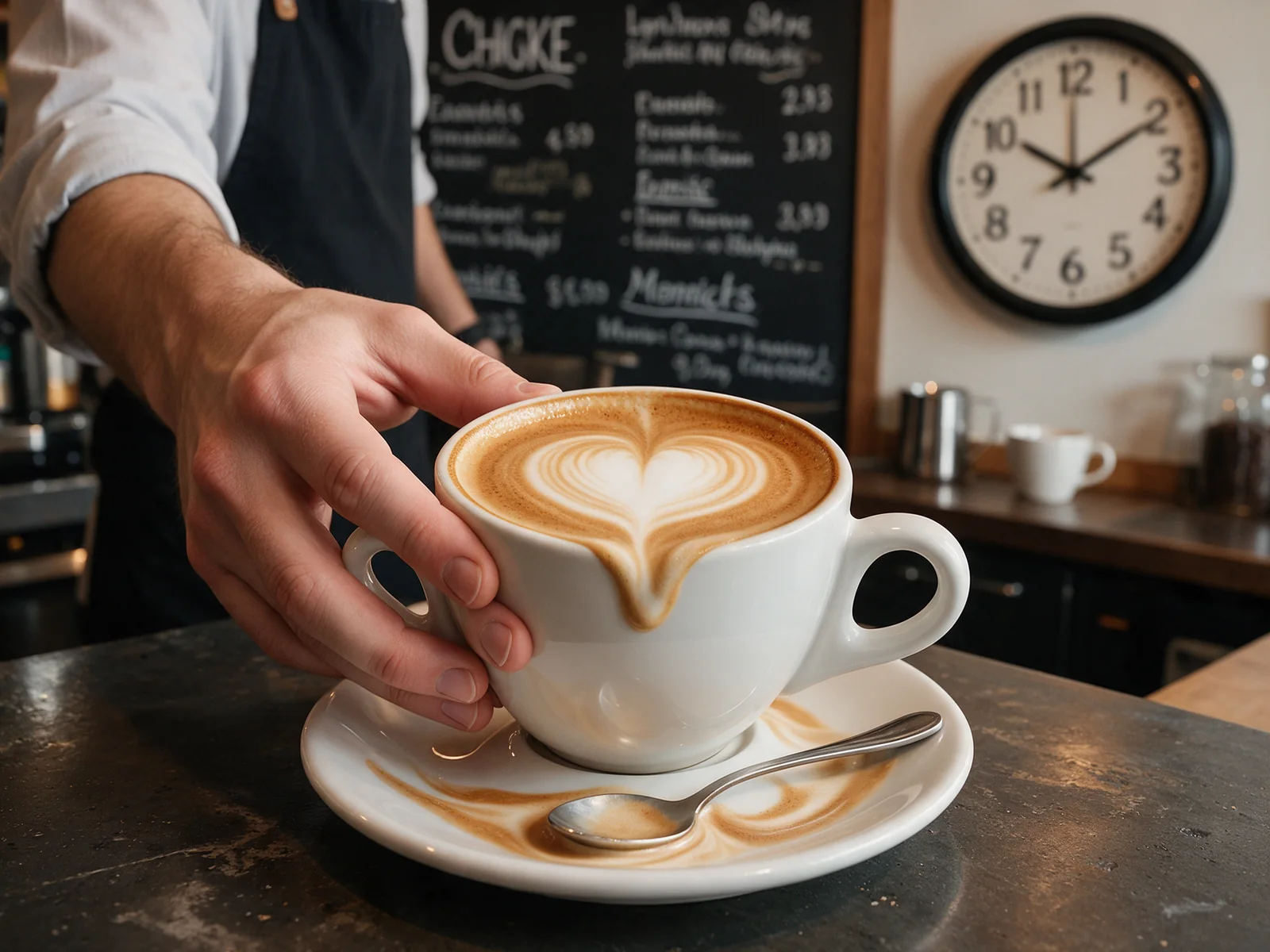 Café-Szene mit Barista, Tasse, Tafel und Uhr
