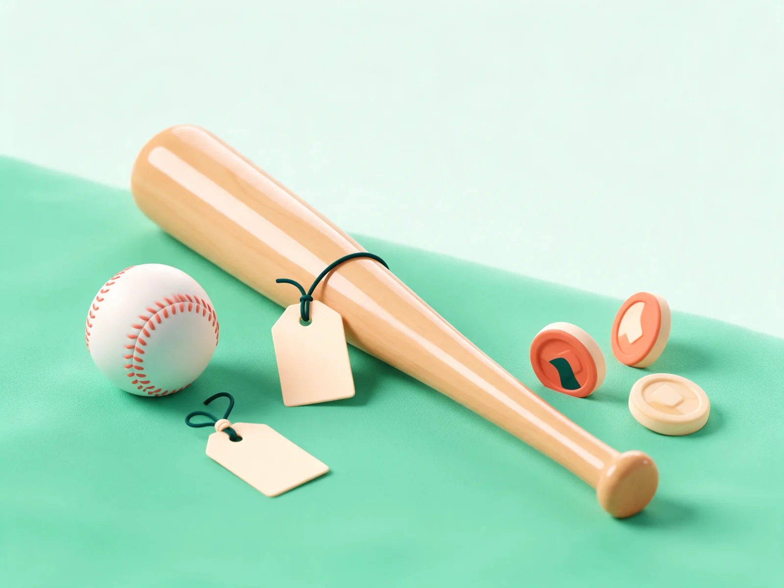 Ein Baseballschläger und ein Ball mit leeren Preisschildern
