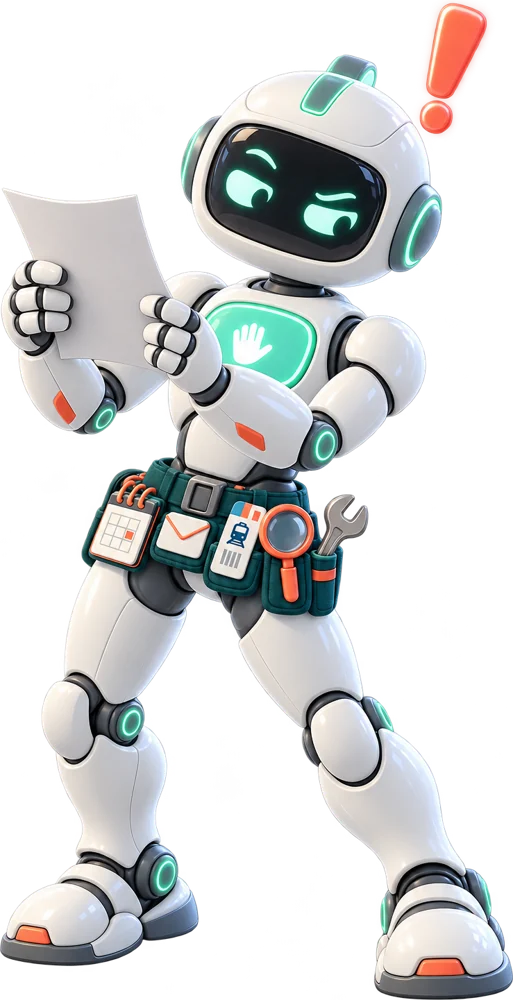 Der Roboter schaut misstrauisch auf eine Rechnung