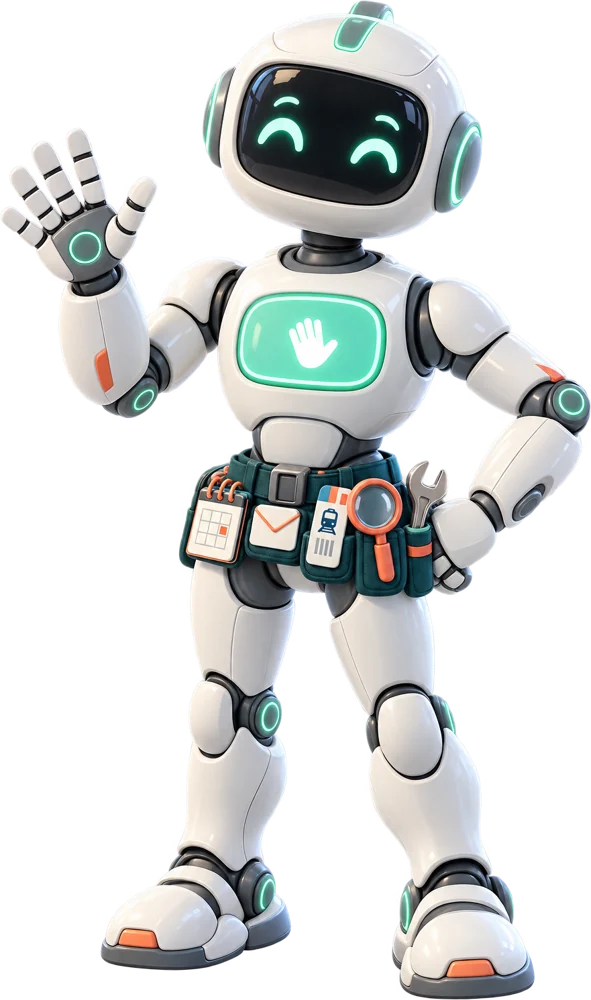 Der KI-Praktikant, ein weißer Roboter mit Werkzeuggürtel