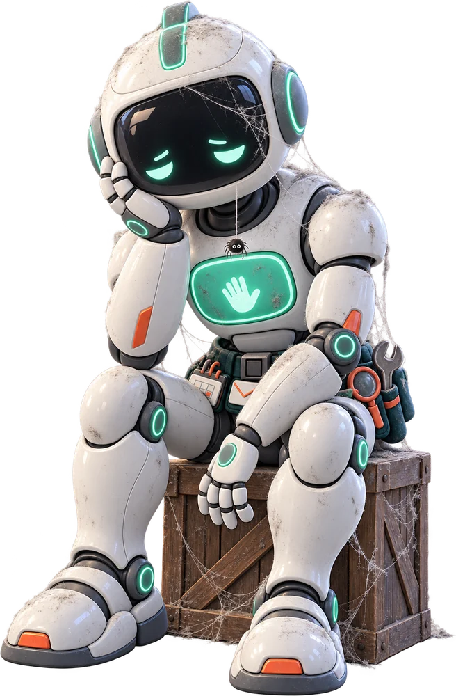 Ein verstaubter Roboter mit Spinnweben